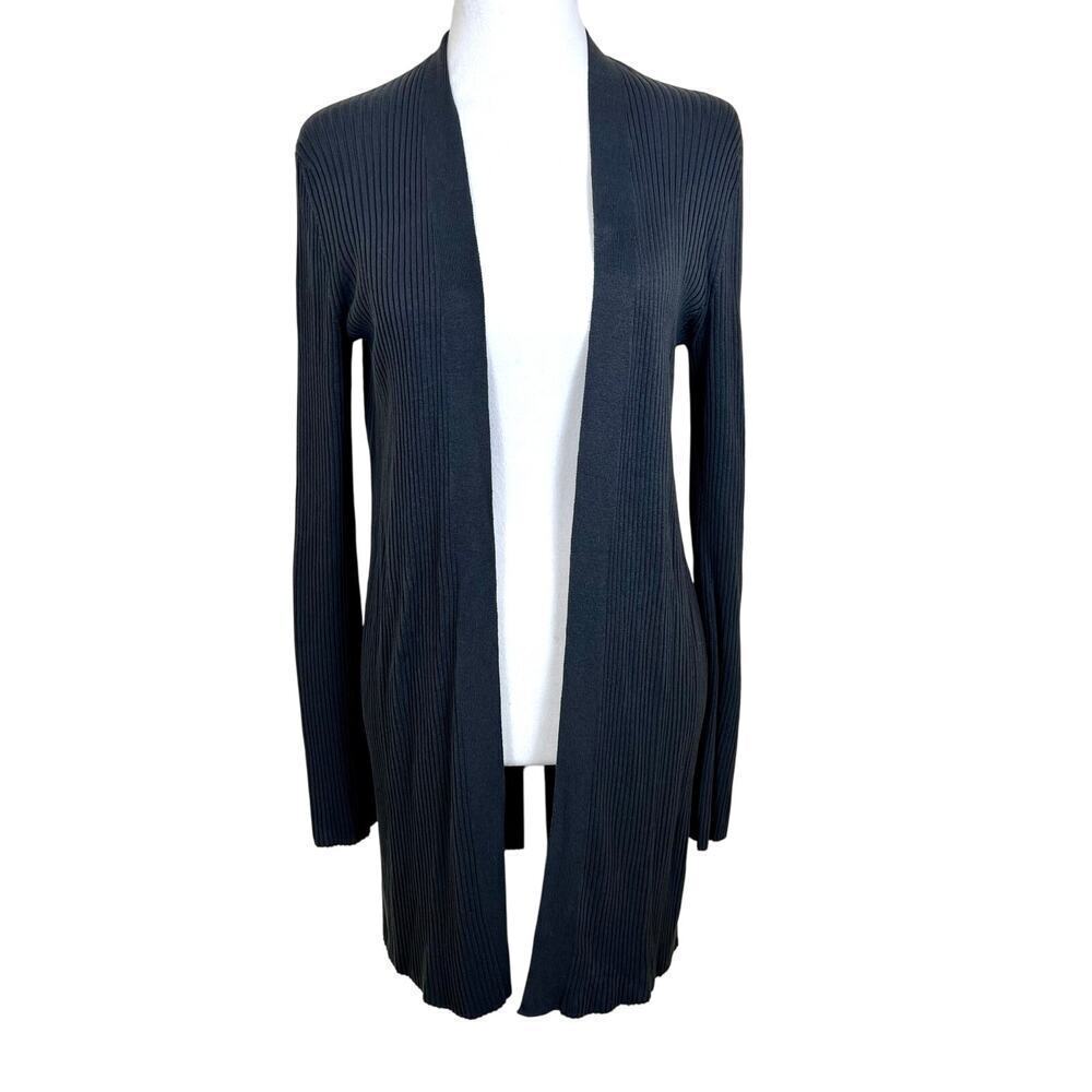 Eileen Fisher Charcoal Grey Ribbed Open Front Cardigan Small 100% Tencel EUC